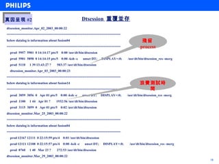 真因呈現 #2
真因呈現 #2                                               Dtsession 重覆並存
dtsession_monitor.Apr_02_2003_00:00:22
============================================================
below datalog is information about fusion04                                                  殘留
============================================================                                process
  prod 5957 5901 0 14:14:17 pts/5 0:00 /usr/dt/bin/dtsession
  prod 5901 5898 0 14:14:15 pts/5 0:00 -ksh -c        unset DT;     DISPLAY=:0;    /usr/dt/bin/dtsession_res -merg
  prod 5110    1 39 13:43:27 ?    503:37 /usr/dt/bin/dtsession
  dtsession_monitor.Apr_03_2003_00:00:23
============================================================
below datalog is information about fusion14                                                浪費測試時
============================================================                                 間
  prod 3059 3056 0 Apr 01 pts/5       0:00 -ksh -c    unset DT;     DISPLAY=:0;    /usr/dt/bin/dtsession_res -merg
  prod 1100    1 44 Apr 01 ?     1932:56 /usr/dt/bin/dtsession
  prod 3115 3059 0 Apr 01 pts/5       0:02 /usr/dt/bin/dtsession
dtsession_monitor.Mar_25_2003_00:00:22
============================================================
below datalog is information about fusion04
============================================================
  prod 12167 12111 0 22:15:59 pts/4    0:01 /usr/dt/bin/dtsession
  prod 12111 12108 0 22:15:57 pts/4    0:00 -ksh -c    unset DT;     DISPLAY=:0;    /usr/dt/bin/dtsession_res -merg
  prod 8760    1 40 Mar 23 ?      272:53 /usr/dt/bin/dtsession
dtsession_monitor.Mar_29_2003_00:00:22
                                                                                                                      16
 