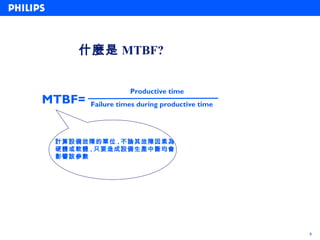 什麼是 MTBF?


                   Productive time
MTBF=   Failure times during productive time




 計算設備故障的單位 , 不論其故障因素為
 硬體或軟體 , 只要造成設備生產中斷均會
 影響該參數




                                               6
 