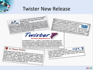 All-Pairs Using DryadLINQ125 million distances4 hours & 46 minutesCalculate  Pairwise Distances (Smith Waterman Gotoh)Calculate pairwise distances for a collection of genes (used for clustering, MDS)Fine grained tasks in MPICoarse grained tasks in DryadLINQPerformed on 768 cores (Tempest Cluster)Moretti, C., Bui, H., Hollingsworth, K., Rich, B., Flynn, P., & Thain, D. (2009). All-Pairs: An Abstraction for Data Intensive Computing on Campus Grids. IEEE Transactions on Parallel and Distributed Systems, 21, 21-36.