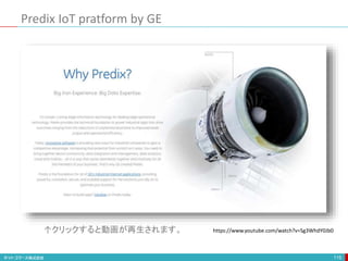 Predix IoT pratform by GE
115
https://www.youtube.com/watch?v=Sg3WhdY0Jb0↑クリックすると動画が再生されます。
 
