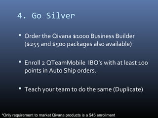 4. Go Silver

          Order the Qivana $1000 Business Builder
            ($255 and $500 packages also available)

          Enroll 2 QTeamMobile IBO’s with at least 100
            points in Auto Ship orders.

          Teach your team to do the same (Duplicate)



*Only requirement to market Qivana products is a $45 enrollment
 