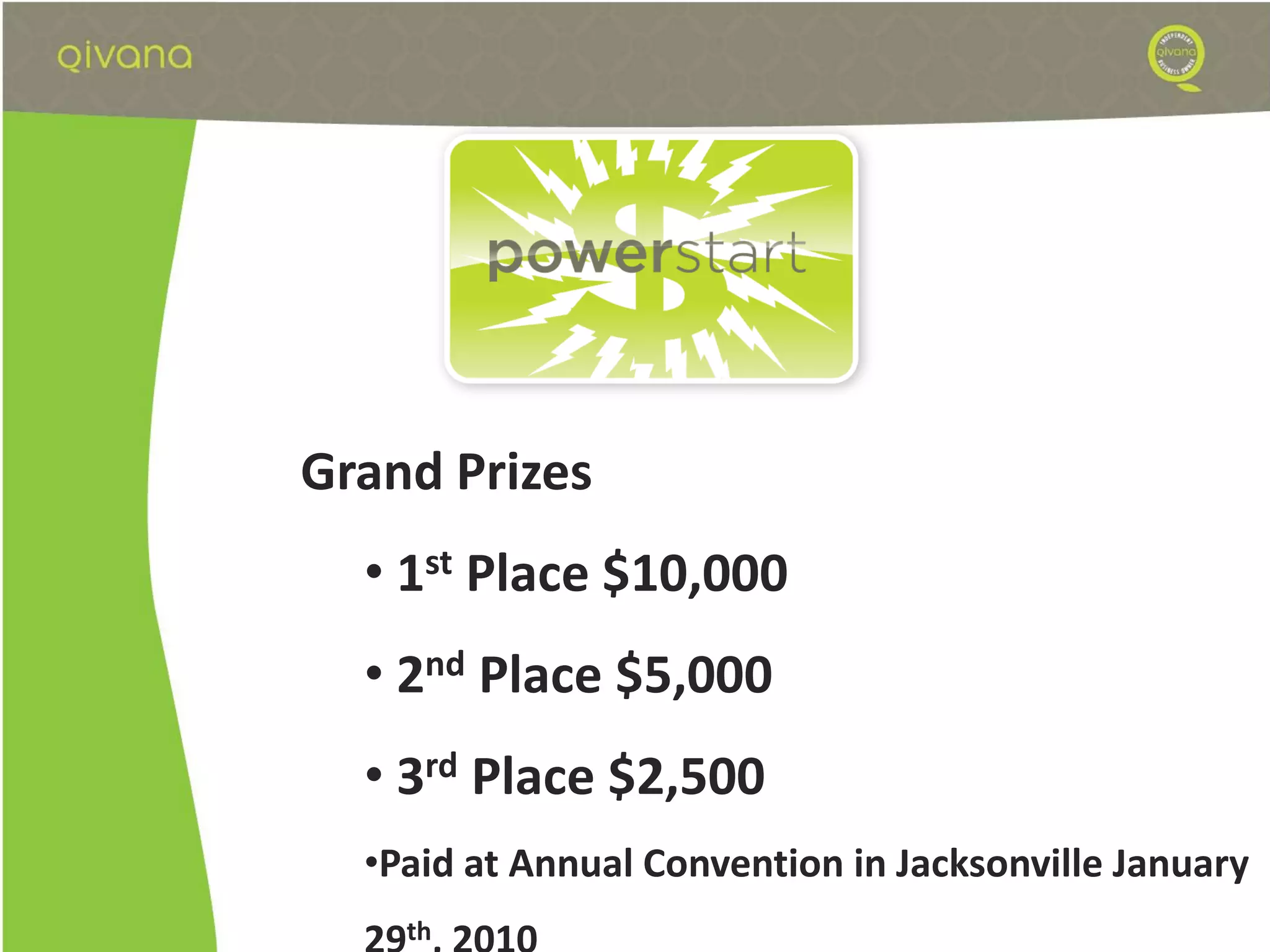 Grand Prizes
  • 1st Place $10,000
  • 2nd Place $5,000
  • 3rd Place $2,500
  •Paid at Annual Convention in Jacksonville January
    th
 