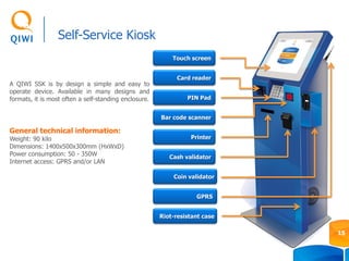 General technical information:
Weight: 90 kilo
Dimensions: 1400х500х300mm (HхWхD)
Power consumption: 50 - 350W
Internet access: GPRS and/or LAN
A QIWI SSK is by design a simple and easy to
operate device. Available in many designs and
formats, it is most often a self-standing enclosure.
Self-Service Kiosk
15
Card reader
PIN Pad
Bar code scanner
Cash validator
Touch screen
Printer
GPRS
Riot-resistant case
Coin validator
 