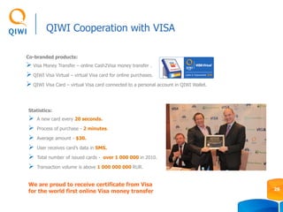 26
QIWI Cooperation with VISA
Statistics:
 A new card every 20 seconds.
 Process of purchase - 2 minutes.
 Average amount - $30.
 User receives card’s data in SMS.
 Total number of issued cards - over 1 000 000 in 2010.
 Transaction volume is above 1 000 000 000 RUR.
Co-branded products:
 Visa Money Transfer – online Cash2Visa money transfer .
 QIWI Visa Virtual – virtual Visa card for online purchases.
 QIWI Visa Card – virtual Visa card connected to a personal account in QIWI Wallet.
We are proud to receive certificate from Visa
for the world first online Visa money transfer
 