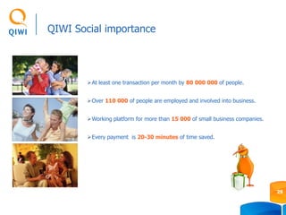 QIWI Social importance
At least one transaction per month by 80 000 000 of people.
Over 110 000 of people are employed and involved into business.
Working platform for more than 15 000 of small business companies.
Every payment is 20-30 minutes of time saved.
29
 