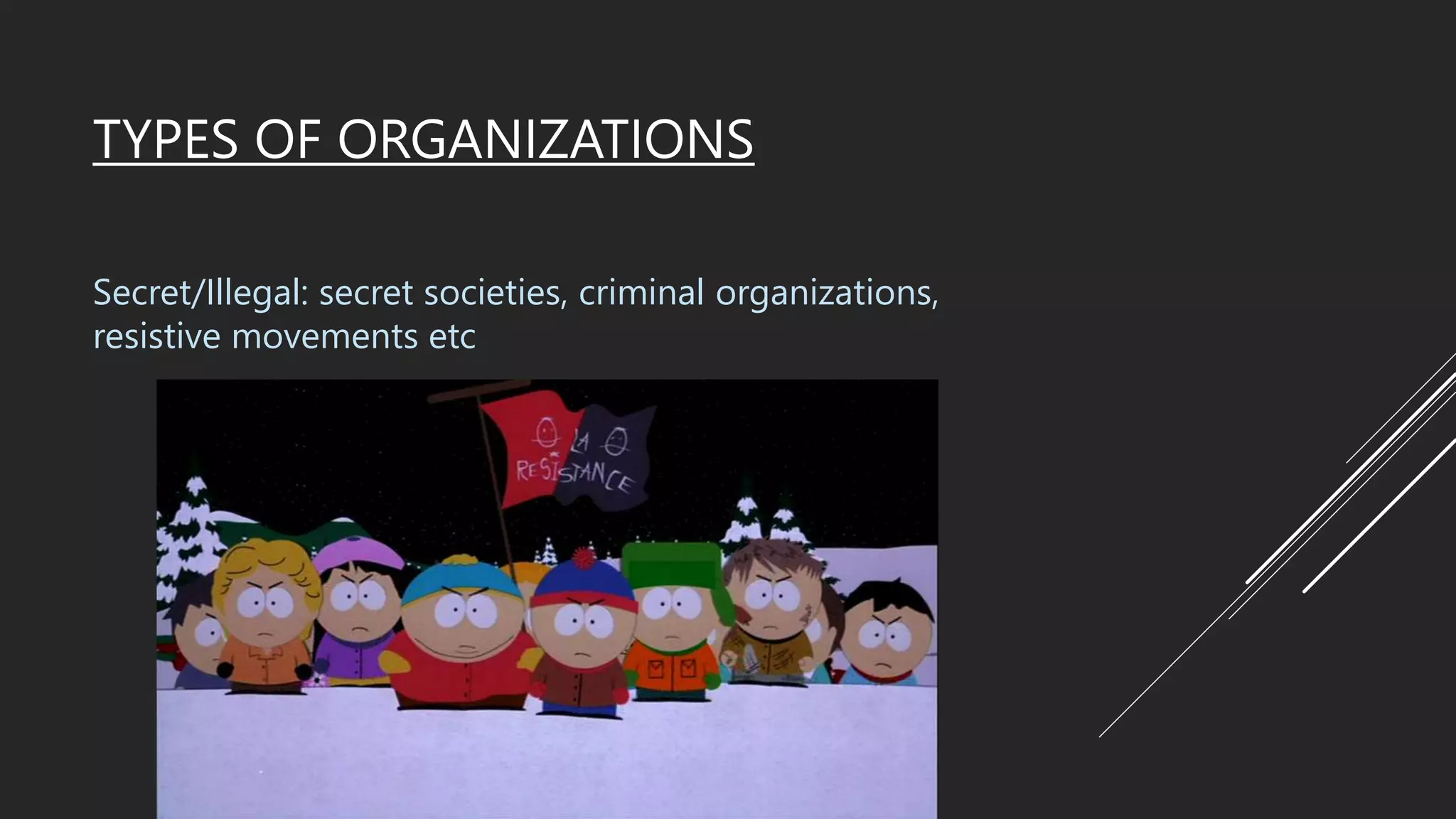 TYPES OF ORGANIZATIONS
Secret/Illegal: secret societies, criminal organizations,
resistive movements etc
 