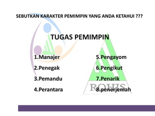SEBUTKAN KARAKTER PEMIMPIN YANG ANDA KETAHUI ???

TUGAS PEMIMPIN
1.Manajer

5.Pengayom

2.Penegak

6.Pengikut

3.Pemandu

7.Penarik

4.Perantara

8.penerjemah

 