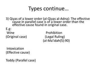 Types continue…
3) Qiyas of a lower order (al-Qiyas al-Adna): The effective
cause in parallel case is of a lower order tha...