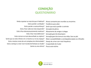 CONDIÇÃO
QUESTIONÁRIO
Anda a queixar-se mais do que é habitual?
Está a perder a ambição?
Está a perder a autoconfiança?
Está a ficar cada vez mais esquecido?
Está a ficar desnecessariamente medroso?
Está a ficar mais defensivo?
Está a tornar-se mais desconfiado ou céptico?
Sente que se está a fechar em si mesmo ou no seu espaço?
Está a mostrar sinais de um complexo de inferioridade?
Está a começar a viver num mundo de fantasia ou ilusão?
Sente-se uma vítima?
Atraso constante para reuniões ou encontros
Tendência para adiar
Sentir que está a perder o controle
Sensação de pânico
Afastamento de amigos e colegas
Sensação geral de desamparo
Sensação geral de tremura nas mãos, face ou pés
Maior susceptibilidade a constipações/ gripes ou infecções
Desejo de urinar com mais frequência
Incapacidade de mudar
Pouca auto-estima
 