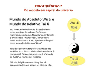 CONSEQUÊNCIAS 2
Do modelo em espiral do universo
Mundo do Absoluto Wu Ji e
Mundo do Relativo Tai Ji
Wu Ji o mundo do absoluto é a essência de
todas as coisas, de todos os fenómenos
materiais ou imateriais. Na cultura oriental este
é o verdadeiro “mundo real”, o mundo da
nossa essência una. A Wu Ji podemos designar
como o mundo de Deus ou “Deus”
Tai Ji que podemos ter perceção através dos
sentidos. Na cultura tradicional ocidental este é
mundo real. Para os orientais este é o “mundo
da ilusão”, o mundo dos modelos.
Ciência, Religião e mesmo Feng Shui são
apenas modelos que podem ser úteis ou não.
 