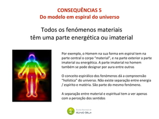 CONSEQUÊNCIAS 5
Do modelo em espiral do universo
Por exemplo, o Homem na sua forma em espiral tem na
parte central o corpo “material”, e na parte exterior a parte
imaterial ou energética. A parte imaterial no homem
também se pode designar por aura entre outras
O conceito espirálico dos fenómenos dá a compreensão
“holística” do universo. Não existe separação entre energia
/ espírito e matéria. São parte do mesmo fenómeno.
A separação entre material e espiritual tem a ver apenas
com a perceção dos sentidos
Todos os fenómenos materiais
têm uma parte energética ou imaterial
 