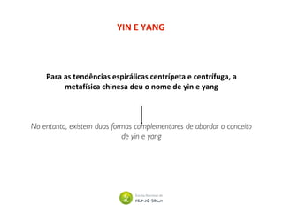 YIN E YANG
Para as tendências espirálicas centrípeta e centrífuga, a
metafísica chinesa deu o nome de yin e yang
No entanto, existem duas formas complementares de abordar o conceito
de yin e yang
 