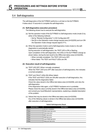5     PROCEDURES AND SETTINGS BEFORE SYSTEM
       OPERATION


      5.4 Self-diagnostics

                 The self-diagnostics of the QJ71PB92V performs a unit test on the QJ71PB92V.
                 It takes about 15 seconds to complete the self-diagnostics.

                 (1) Self-diagnostics execution procedure
                      The following shows how to execute the self-diagnostics.

                      (a) Set the operation mode of the QJ71PB92V to Self-diagnostics mode (mode 2) by
                          either of the following methods:
                             • Set by "Module Configuration" in GX Configurator-DP.
                             • Set 02H in the Operation mode change request area (UnG2255) and turn ON
                               the Operation mode change request signal (Y11).

                      (b) When the operation mode is set to Self-diagnostics mode (mode 2), the self-
                          diagnostics is automatically started.
                          During execution of self-diagnostics, the TEST LED is ON or flashing.
                          Upon completion of the self-diagnostics, the LEDs on the QJ71PB92V change as
                          shown below, storing the test result to the Offline test status area (UnG2258).
                             • When normally completed: The TEST LED turns OFF.
                             • When failed: The TEST and FAULT LEDs are ON.

                 (2) Execution result of self-diagnostics
                      (a) TEST LED OFF (When normally completed)
                          When the TEST LED turns OFF after execution of self-diagnostics, this indicates
                          a normal completion.

                      (b) TEST and FAULT LEDs ON (When failed)
                          If the TEST and FAULT LEDs are ON after execution of self-diagnostics, this
                          indicates that the diagnostics failed.
                          Check the value stored in the Offline test status area (UnG2258), and retry the
                          self-diagnostics.
                          If the diagnostics fails again, a QJ71PB92V hardware error is probable.
                          Please check the value currently stored in the Offline test status area (UnG2258),
                          and consult your local Mitsubishi representative, explaining a detailed description
                          of the problem.

                      (c) Values that may be stored in the Offline test status area (UnG2258)
                          Any of the following values is stored in the Offline test status area (UnG2258)
                          after execution of self-diagnostics.

                                                    Table5.5 Self-diagnostics Result

                                Stored Value                                Description
                        07FFH                  Normal completion
                        F700H                  ROM check test error
                        F701H                  Timer test error
                        F702H                  MPU test error
                        F703H                  RAM test error
                        F704H                  2-port RAM test error
                        F705H                  Swap port test error




5-5        5.4 Self-diagnostics
 