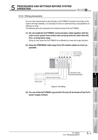 5   PROCEDURES AND SETTINGS BEFORE SYSTEM
    OPERATION
                                                                                                                 1
     5.5.2 Wiring precautions




                                                                                                                      OVERVIEW
            As one of the requirements to give full play to QJ71PB92V's functions and make up the
            system with high reliability, it is necessary to have an external wiring unsusceptible to an
            influence of noise.
            The following gives the precautions for external wiring of the QJ71PB92V.                            2
            (1) Do not install the QJ71PB92V communication cable together with the




                                                                                                               CONFIGURATION
                main circuit, power lines and/or load carrying wires for other then the




                                                                                                               SYSTEM
                PLC, or bring them close.
                Doing so may cause the QJ71PB92V to be affected by noise and surge induction.

                                                                                                                 3
            (2) Keep the PROFIBUS cable away from I/O module cables as much as
                possible.




                                                                                                                      SPECIFICATIONS
                                                                                  Input module
                                                                                  Output module
                                                                                  QJ71PB92V

                                                                                                                 4




                                                                                                                      FUNCTIONS
                                        Wiring of input module               PROFIBUS cable
                                                                                                                 5




                                                                                                           SYSTEM OPERATION
                                         Wiring of output module




                                                                                                           PROCEDURES AND
                                                                                                           SETTINGS BEFORE
                        Shield jacket


                                                  Figure 5.7 PLC Wiring

                                                                                                                 6

                                                                                                                      PARAMETER SETTING
            (3) For use of the QJ71PB92V, ground the FG and LG terminals of the PLC's
                power supply module.




                                                                                                                 7
                                                                                                                      PROGRAMMING




                                                                                                                 8
                                                                                                               INSTRUCTIONS
                                                                                                               DEDICATED




                                                                                 5.5 Wiring
                                                                   5.5.2 Wiring precautions
                                                                                                   5-8
 