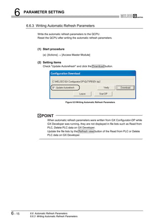 6      PARAMETER SETTING


          6.6.3 Writing Automatic Refresh Parameters

                  Write the automatic refresh parameters to the QCPU.
                  Reset the QCPU after writing the automatic refresh parameters.



                  (1) Start procedure
                       (a) [Actions]    [Access Master Module]

                  (2) Setting items
                       Check "Update Autorefresh" and click the Download button.




                                           Figure 6.9 Writing Automatic Refresh Parameters




                      POINT
                           When automatic refresh parameters were written from GX Configurator-DP while
                           GX Developer was running, they are not displayed in file lists such as Read from
                           PLC, Delete PLC data on GX Developer.
                           Update the file lists by the Refresh view button of the Read from PLC or Delete
                           PLC data on GX Developer.




6 - 15      6.6 Automatic Refresh Parameters
            6.6.3 Writing Automatic Refresh Parameters
 