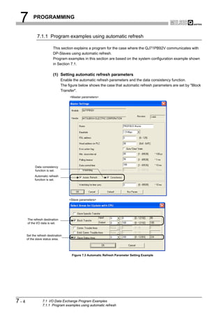 7         PROGRAMMING


              7.1.1 Program examples using automatic refresh

                          This section explains a program for the case where the QJ71PB92V communicates with
                          DP-Slaves using automatic refresh.
                          Program examples in this section are based on the system configuration example shown
                          in Section 7.1.

                          (1) Setting automatic refresh parameters
                                Enable the automatic refresh parameters and the data consistency function.
                                The figure below shows the case that automatic refresh parameters are set by "Block
                                Transfer".
                                     <Master parameters>




            Data consistency
            function is set.
            Automatic refresh
            function is set.




                                     <Slave parameters>




      The refresh destination
      of the I/O data is set.



      Set the refresh destination
      of the slave status area.




                                      Figure 7.3 Automatic Refresh Parameter Setting Example




7-4               7.1 I/O Data Exchange Program Examples
                  7.1.1 Program examples using automatic refresh
 