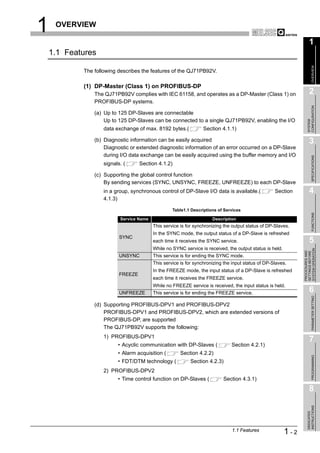 1    OVERVIEW

                                                                                                                      1
    1.1 Features




                                                                                                                           OVERVIEW
            The following describes the features of the QJ71PB92V.

            (1) DP-Master (Class 1) on PROFIBUS-DP
                The QJ71PB92V complies with IEC 61158, and operates as a DP-Master (Class 1) on                       2
                PROFIBUS-DP systems.




                                                                                                                    CONFIGURATION
                (a) Up to 125 DP-Slaves are connectable
                    Up to 125 DP-Slaves can be connected to a single QJ71PB92V, enabling the I/O




                                                                                                                    SYSTEM
                    data exchange of max. 8192 bytes.(            Section 4.1.1)

                (b) Diagnostic information can be easily acquired                                                     3
                    Diagnostic or extended diagnostic information of an error occurred on a DP-Slave
                    during I/O data exchange can be easily acquired using the buffer memory and I/O




                                                                                                                           SPECIFICATIONS
                    signals. (      Section 4.1.2)

                (c) Supporting the global control function
                    By sending services (SYNC, UNSYNC, FREEZE, UNFREEZE) to each DP-Slave
                    in a group, synchronous control of DP-Slave I/O data is available.(             Section           4
                    4.1.3)

                                                   Table1.1 Descriptions of Services




                                                                                                                           FUNCTIONS
                           Service Name                               Description
                                          This service is for synchronizing the output status of DP-Slaves.
                                          In the SYNC mode, the output status of a DP-Slave is refreshed
                           SYNC
                                          each time it receives the SYNC service.                                     5
                                          While no SYNC service is received, the output status is held.




                                                                                                                SYSTEM OPERATION
                                                                                                                PROCEDURES AND
                                                                                                                SETTINGS BEFORE
                           UNSYNC         This service is for ending the SYNC mode.
                                          This service is for synchronizing the input status of DP-Slaves.
                                          In the FREEZE mode, the input status of a DP-Slave is refreshed
                           FREEZE
                                          each time it receives the FREEZE service.
                                          While no FREEZE service is received, the input status is held.
                           UNFREEZE       This service is for ending the FREEZE service.                              6

                                                                                                                           PARAMETER SETTING
                (d) Supporting PROFIBUS-DPV1 and PROFIBUS-DPV2
                    PROFIBUS-DPV1 and PROFIBUS-DPV2, which are extended versions of
                    PROFIBUS-DP, are supported
                    The QJ71PB92V supports the following:
                    1) PROFIBUS-DPV1
                                                                                                                      7
                          • Acyclic communication with DP-Slaves (             Section 4.2.1)
                          • Alarm acquisition (        Section 4.2.2)
                                                                                                                           PROGRAMMING




                          • FDT/DTM technology (           Section 4.2.3)
                    2) PROFIBUS-DPV2
                          • Time control function on DP-Slaves (           Section 4.3.1)
                                                                                                                      8
                                                                                                                    INSTRUCTIONS
                                                                                                                    DEDICATED




                                                                               1.1 Features               1-2
 