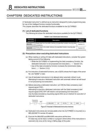 8    DEDICATED INSTRUCTIONS


CHAPTER8 DEDICATED INSTRUCTIONS

            A "dedicated instruction" is defined as an instruction designed to make programming easy
            for use of the intelligent function module functionality.
            This chapter describes the dedicated functions available for the QJ71PB92V.

            (1) List of dedicated functions
                The following list shows the dedicated instructions available for the QJ71PB92V.

                                               Table8.1 List of Dedicated Instructions

                   Dedicated                                                                               Reference
                                                             Description
                  instruction                                                                                  section
                                Reads data from the buffer memory of a specified module, ensuring data
                 BBLKRD                                                                                    Section 8.1
                                consistency.
                                Writes data to the buffer memory of a specified module, ensuring data
                 BBLKWR                                                                                    Section 8.2
                                consistency.


            (2) Precautions when executing dedicated instructions
                (a) When reading or writing I/O data with dedicated instructions, consider the system
                    taking account of the following:
                       • While the QJ71PB92V is implementing the data consistency function, the
                         dedicated instruction is not processed (not executed).(     Section 4.5)
                       • Use of the data consistency function increases the transmission delay
                         time.(     Section 3.5.2)

                (b) For execution of dedicated functions, use a QCPU whose first 5 digits of the serial
                    No. are "02092" or later.

                (c) Use of dedicated instructions is not allowed when automatic refresh is set.
                    Attempting to execute a dedicated instruction with automatic refresh set will result
                    in non-processing (non-execution).

                (d) Before executing a dedicated instruction, turn ON the Data consistency start
                    request signal (Y0C).
                    Attempting to execute a dedicated instruction with the Data consistency start
                    request signal (Y0C) OFF will result in non-processing (non-execution).
                    Use the Data consistency requesting signal (X0C) as an interlock for execution of
                    dedicated instructions.

                          Execution
                          command      X0C
                                                    G.BBLKRD         U0        K6144        D0          K960

                                         Figure 8.1 Example of Dedicated Instruction Interlock


                (e) Dedicated instructions are not executable when the QJ71PB92V is mounted on a
                    MELSECNET/H remote I/O station.

                (f) Execute the BBLKRD and BBLKWR instructions all the time.
                    I/O data may not be read or written in a program where either of the instructions is
                    executed only once at the rising or falling edge of the pulse.



8-1
 