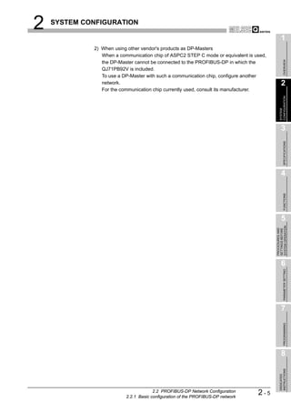 2   SYSTEM CONFIGURATION

                                                                                              1
             2) When using other vendor's products as DP-Masters
                When a communication chip of ASPC2 STEP C mode or equivalent is used,




                                                                                                   OVERVIEW
                the DP-Master cannot be connected to the PROFIBUS-DP in which the
                QJ71PB92V is included.
                To use a DP-Master with such a communication chip, configure another
                network.                                                                      2
                For the communication chip currently used, consult its manufacturer.




                                                                                            CONFIGURATION
                                                                                            SYSTEM
                                                                                              3




                                                                                                   SPECIFICATIONS
                                                                                              4




                                                                                                   FUNCTIONS
                                                                                              5




                                                                                        SYSTEM OPERATION
                                                                                        PROCEDURES AND
                                                                                        SETTINGS BEFORE
                                                                                              6

                                                                                                   PARAMETER SETTING




                                                                                              7
                                                                                                   PROGRAMMING




                                                                                              8
                                                                                            INSTRUCTIONS
                                                                                            DEDICATED




                                       2.2 PROFIBUS-DP Network Configuration
                          2.2.1 Basic configuration of the PROFIBUS-DP network
                                                                                 2-5
 