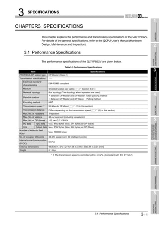 3          SPECIFICATIONS

                                                                                                                                               1
CHAPTER3 SPECIFICATIONS




                                                                                                                                                    OVERVIEW
                             This chapter explains the performance and transmission specifications of the QJ71PB92V.
                             For details of the general specifications, refer to the QCPU User's Manual (Hardware
                             Design, Maintenance and Inspection).
                                                                                                                                               2
      3.1 Performance Specifications




                                                                                                                                             CONFIGURATION
                                                                                                                                             SYSTEM
                             The performance specifications of the QJ71PB92V are given below.

                                                     Table3.1 Performance Specifications

                Item                                                                 Specifications
                                                                                                                                               3
 PROFIBUS-DP station type           DP-Master (Class 1)




                                                                                                                                                    SPECIFICATIONS
 Transmission specifications
     Electrical standard/
                                    EIA-RS485 compliant
     characteristics
     Medium                         Shielded twisted pair cable (          Section 5.5.1)
     Network topology               Bus topology (Tree topology when repeaters are used)
                                    • Between DP-Master and DP-Master: Token passing method                                                    4
     Data link method
                                    • Between DP-Master and DP-Slave:           Polling method
     Encoding method                NRZ
     Transmission speed *1          9.6 kbps to 12 Mbps (           (1) in this section)




                                                                                                                                                    FUNCTIONS
     Transmission distance          Differs depending on the transmission speed(              (1) in this section)
     Max. No. of repeaters          3 repeaters
     Max. No. of stations           32 per segment (including repeater(s))
     Max. No. of DP-Slaves          125 per QJ71PB92V                                                                                          5
     I/O data          Input data   Max. 8192 bytes (Max. 244 bytes per DP-Slave)




                                                                                                                                         SYSTEM OPERATION
                                                                                                                                         PROCEDURES AND
                                                                                                                                         SETTINGS BEFORE
     size              Output data Max. 8192 bytes (Max. 244 bytes per DP-Slave)
 Number of writes to flash
                                    Max. 100000 times
 ROM
 No. of occupied I/O points         32 (I/O assignment: 32 intelligent points)
 Internal current consumption
                                    0.57 A
 (5VDC)                                                                                                                                        6
 External dimensions                98(3.86 in.) (H) x 27.4(1.08 in.) (W) x 90(3.54 in.) (D) [mm]


                                                                                                                                                    PARAMETER SETTING
 Weight                             0.13 kg

                                       * 1 The transmission speed is controlled within        0.2%. (Compliant with IEC 61158-2)




                                                                                                                                               7
                                                                                                                                                    PROGRAMMING




                                                                                                                                               8
                                                                                                                                             INSTRUCTIONS
                                                                                                                                             DEDICATED




                                                                                           3.1 Performance Specifications          3-1
 