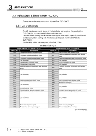 3        SPECIFICATIONS


       3.3 Input/Output Signals to/from PLC CPU

                         This section explains the input/output signals of the QJ71PB92V.


               3.3.1 List of I/O signals

                         The I/O signal assignments shown in the table below are based on the case that the
                         QJ71PB92V is mounted in slot 0 of the main base unit.
                         Device numbers starting with X indicate input signals from the QJ71PB92V to the QCPU,
                         and device numbers starting with Y indicate output signals from the QCPU to the
                         QJ71PB92V.
                         The following shows the I/O signals to/from the QCPU.

                                                          Table3.4 List of I/O Signals

                Signal Direction: QJ71PB92V         QCPU                             Signal Direction: QCPU       QJ71PB92V
      Device No.                       Signal Name                         Device No.                     Signal Name
         X00         Data exchange start completed signal                      Y00       Data exchange start request signal
                                                                                         Diagnostic information detection reset request
         X01         Diagnostic information detection signal                   Y01
                                                                                         signal
         X02         Diagnostic information area cleared signal                Y02       Diagnostic information area clear request signal
         X03         Use prohibited                                            Y03       Use prohibited
         X04         Global control completed signal                           Y04       Global control request signal
         X05         Global control failed signal                              Y05       Use prohibited
                     Extended diagnostic information read response                       Extended diagnostic information read request
         X06                                                                   Y06
                     signal                                                              signal
         X07                                                                   Y07
         X08                                                                   Y08
         X09         Use prohibited                                            Y09       Use prohibited
         X0A                                                                  Y0A
         X0B                                                                  Y0B
         X0C         Data consistency requesting signal                       Y0C        Data consistency start request signal
         X0D                                                                  Y0D        Restart request signal
         X0E         Use prohibited                                           Y0E
         X0F                                                                   Y0F       Use prohibited
         X10         Operation mode signal                                     Y10
         X11         Operation mode change completed signal                    Y11       Operation mode change request signal
         X12                                                                   Y12
         X13                                                                   Y13
         X14                                                                   Y14
                     Use prohibited                                                      Use prohibited
         X15                                                                   Y15
         X16                                                                   Y16
         X17                                                                   Y17
         X18         Alarm read response signal                                Y18       Alarm read request signal
         X19         Time control start response signal                        Y19       Time control start request signal

                                                                                                                      (To the next page)




3-4                3.3 Input/Output Signals to/from PLC CPU
                   3.3.1 List of I/O signals
 