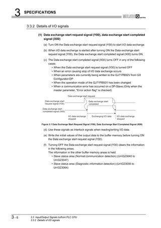 3    SPECIFICATIONS


       3.3.2 Details of I/O signals

               (1) Data exchange start request signal (Y00), data exchange start completed
                   signal (X00)
                    (a) Turn ON the Data exchange start request signal (Y00) to start I/O data exchange.

                    (b) When I/O data exchange is started after turning ON the Data exchange start
                        request signal (Y00), the Data exchange start completed signal (X00) turns ON.

                    (c) The Data exchange start completed signal (X00) turns OFF in any of the following
                        cases:
                          • When the Data exchange start request signal (Y00) is turned OFF
                          • When an error causing stop of I/O data exchange occurs
                          • When parameters are currently being written to the QJ71PB92V from GX
                            Configurator-DP
                          • When the operation mode of the QJ71PB92V has been changed
                          • When a communication error has occurred on a DP-Slave.(Only when the
                            master parameter, "Error action flag" is checked)

                                            Data exchange start request

                     Data exchange start                        Data exchange start
                     request signal (Y00)                       completed

                   Data exchange start
                   completed signal (X00)

                                            I/O data exchange      Exchanging I/O data   I/O data exchange
                                            stopped                                      stopped

                  Figure 3.1 Data Exchange Start Request Signal (Y00), Data Exchange Start Completed Signal (X00)

                    (d) Use these signals as interlock signals when reading/writing I/O data.

                    (e) Write the initial values of the output data to the buffer memory before turning ON
                        the Data exchange start request signal (Y00).

                    (f) Turning OFF the Data exchange start request signal (Y00) clears the information
                        in the following areas.
                        The information in the other buffer memory areas is held.
                            • Slave status area (Normal communication detection) (UnG23040 to
                              UnG23047)
                            • Slave status area (Diagnostic information detection) (UnG23056 to
                              UnG23064)




3-6      3.3 Input/Output Signals to/from PLC CPU
         3.3.2 Details of I/O signals
 