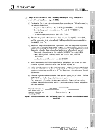 3   SPECIFICATIONS

                                                                                                                         1
          (3) Diagnostic information area clear request signal (Y02), Diagnostic
              information area cleared signal (X02)




                                                                                                                              OVERVIEW
              (a) Turn ON the Diagnostic information area clear request signal (Y02) when clearing
                  the following information:
                     • Diagnostic information area (for mode 3) (UnG23072 to UnG23321)                                 2
                     • Extended diagnostic information area (for mode 3) (UnG23328 to




                                                                                                                       CONFIGURATION
                       UnG23454)
                     • Local station error information area (UnG23071)




                                                                                                                       SYSTEM
              (b) When the Diagnostic information area clear request signal (Y02) is turned ON,
                  and the processing at (a) is completed, the Diagnostic information area cleared
                  signal (X02) turns ON.                                                                                 3
              (c) When new diagnostics information is generated while the Diagnostic information




                                                                                                                              SPECIFICATIONS
                  area clear request signal (Y02) is ON, the following information stays cleared. (No
                  diagnostic, extended diagnostic or local station error information is stored.)
                     • Diagnostic information area (for mode 3) (UnG23072 to UnG23321)
                     • Extended diagnostic information area (for mode 3) (UnG23328 to
                       UnG23454)                                                                                        4
                     • Local station error information area (UnG23071)

              (d) After the Diagnostic information area cleared signal (X02) has turned ON, turn




                                                                                                                              FUNCTIONS
                  OFF the Diagnostic information area clear request signal (Y02).

              (e) Taking corrective actions for the error and turning OFF the Diagnostic information
                  area clear request signal (Y02) turns OFF the Diagnostic information area cleared
                  signal (X02).
                                                                                                                         5




                                                                                                                   SYSTEM OPERATION
                                                                                                                   PROCEDURES AND
                                                                                                                   SETTINGS BEFORE
              (f) After the Diagnostic information area clear request signal (Y02) is turned OFF, the
                  QJ71PB92V checks for diagnostic information again.
                  If any diagnostic information has been generated, the diagnostic information,
                  extended diagnostic information and/or local station error information is stored in
                  the buffer memory.
                                                                                                                         6

                                                                                                                              PARAMETER SETTING
               Diagnostic information area       Clear request
               clear request signal (Y02)
               Diagnostic information area                  Clear completed
               cleared signal (X02)

          Figure 3.3 Diagnostic Information Area Clear Request Signal (Y02), Diagnostic Information Area Cleared
                                                        Signal (X02)

                                                                                                                         7
                                                                                                                              PROGRAMMING




                                                                                                                         8
                                                                                                                       INSTRUCTIONS
                                                                                                                       DEDICATED




                                                 3.3 Input/Output Signals to/from PLC CPU
                                                                3.3.2 Details of I/O signals
                                                                                                          3-9
 