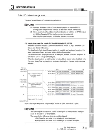 3   SPECIFICATIONS

                                                                                                                               1
     3.4.4 I/O data exchange area




                                                                                                                                    OVERVIEW
                 This area is used for the I/O data exchange function.

                     POINT
                          (1) Data are assigned to the I/O data exchange area in the order of GX                               2
                              Configurator-DP parameter settings (in the order of FDL addresses).




                                                                                                                             CONFIGURATION
                          (2) When parameters have been modified (deletion or addition of DP-Slave(s))
                              on GX Configurator-DP, the buffer memory is reassigned.




                                                                                                                             SYSTEM
                              After modifying parameters, review the sequence program.


                                                                                                                               3
                 (1) Input data area (for mode 3) (UnG6144 to UnG10239)
                      When the operation mode is Communication mode (mode 3), input data from DP-




                                                                                                                                    SPECIFICATIONS
                      Slaves are stored in this area.
                      The data length (unit: byte) for each station is variable and assigned based on the
                      slave parameter (Select Modules) set on GX Configurator-DP.
                      The maximum data length per module is 244 bytes, and the total data length for all
                      DP-Slaves can be set up to 8192 bytes.                                                                   4
                      When the data length is an odd number of bytes, 00H is stored to the final high byte.
                      The input data of the next station is assigned starting from the next buffer memory
                      address.




                                                                                                                                    FUNCTIONS
         Address
        DEC (HEX)                                                    b15                b8 b7                    b0
       6144(1800H)                                     6144(1800H) 2nd byte of 1st module   1st byte of 1st module             5
                       Input data of 1st module        6145(1801H) 4th byte of 1st module   3rd byte of 1st module




                                                                                                                         SYSTEM OPERATION
                                                                                                                         PROCEDURES AND
                                                                                                                         SETTINGS BEFORE
            to            (Input data length:
                           23 bytes)

       6156(180CH)
       6157(180DH)
                       Input data of 2nd module        6155(180BH) 22nd byte of 1st module 21st byte of 1st module
            to             (Input data length:         6156(180CH)           00H            23rd byte of 1st module
       6160(1810H)
                            7 bytes)
                                                       6157(180DH) 2nd byte of 2nd module 1st byte of 2nd module
                                                                                                                               6

                                                                                                                                    PARAMETER SETTING
                                                       6158(180EH) 4th byte of 2nd module   3rd byte of 2nd module
                                                       6159(180FH) 6th byte of 2nd module   5th byte of 2nd module

            to                                         6160(1810H)           00H            7th byte of 2nd module


                       Input data of nth module
      10239(27FFH)                                                                                                             7
                 Figure 3.8 Example of Input Data Assignment (1st module: 23 bytes, 2nd module: 7 bytes)
                                                                                                                                    PROGRAMMING




                     POINT
                          The following DP-Slave areas cannot be assigned to the Input data area (for
                          mode 3) (UnG6144 to UnG10239).
                          The areas for the following stations must be skipped.
                                                                                                                               8
                                 • DP-Slave for which the input data length is not assigned.
                                                                                                                             INSTRUCTIONS




                                 • DP-Slave for which the input data length of 0 byte is assigned.
                                                                                                                             DEDICATED




                                                                                 3.4 Buffer Memory
                                                                      3.4.4 I/O data exchange area
                                                                                                                3 - 23
 