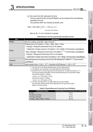 3          SPECIFICATIONS

                                                                                                                                                 1
                       (a) Bus cycle time (Bc) calculation formula
                           The bus cycle time (Bc) of the DP-Master can be obtained from the following




                                                                                                                                                      OVERVIEW
                           calculation formula.
                           The symbols within the brackets [] indicate units.
                                                   n
                       Bc[s]     Max (MSI,
                                               i       1
                                                           (Pt (i)   Tsdi (M))   Lr)                                                             2
                                                                n=number of DP-Slaves




                                                                                                                                               CONFIGURATION
                           Max (A, B) = A or B, whichever is greater




                                                                                                                                               SYSTEM
                                         Table3.20 Items in the bus cycle time (Bc) calculation formula

           Item                                                            Description
MSI[s]             Minimum polling cycle (Min. slave interval) *1                                                                                3
                   (Polling time to i-th station) = Treq(i) + Max_Tsdr(i)+ Tres(i)




                                                                                                                                                      SPECIFICATIONS
                   • Treq(i)[s] = (Request transmission time of i-th station)
                     = [{(Number of bytes output to i-th station) + 9} 11[bit]] / (Transmission speed[bps])
Pt(i)[s]
                   • Max_Tsdr(i)[s] = (Response time [TBit] of i-th station) *2, *3 / (Transmission speed[bps])
                   • Tres(i)[s] = (Response transmission time of i-th station)
                     = [{(Number of bytes input from i-th station) + 9} 11[bit]] / (Transmission speed[bps])
                                                                                                                                                 4
                   (Request/response processing time [TBit] of DP-Master(QJ71PB92V)*4 / (Transmission
Tsdi(M)[s]
                   speed[bps])




                                                                                                                                                      FUNCTIONS
Lr[s]              (Data refresh time) = 5.50                   10-3 + (Number of DP-Slaves)         100       10-6
                           * 1 The value set on the Master Settings screen of GX Configurator-DP
                           * 2 The MaxTsdr value described in the GSD (DDB) file of the DP-Slave
                           * 3 [TBit] (Bit Time) is a unit that expresses the time required for 1-bit data transmission as "1".                  5
                               The actual processing time differs as shown below depending on the transmission speed.




                                                                                                                                           SYSTEM OPERATION
                                                                                                                                           PROCEDURES AND
                                                                                                                                           SETTINGS BEFORE
                               [Transmission speed is 1.5 Mbps]
                                1[TBit]=1 / (1.5 106)=0.667 10 -6[s]
                               [Transmission speed is 12 Mbps]
                               1[TBit]=1 / (12 106)=0.083 10 -6[s]
                           * 4 The Tsdi value described in the GSD (DDB) file of the QJ71PB92V
                               The Tsdi value varies as shown below depending on the transmission speed.
                               Refer to *3 for the unit [TBit].                                                                                  6

                                                                                                                                                      PARAMETER SETTING
                                              Table3.21 Request/Response Processing Time of DP-Master

                                      Transmission Speed                           Request/Response Processing Time of DP-Master
                          9.6 kbps                                                                      10 TBit
                          19.2 kbps, 93.75 kbps                                                         15 TBit
                          197.5 kbps, 500 kbps                                                          80 TBit
                          1.5 Mbps, 3 Mbps, 6 Mbps, 12 Mbps,                                           150 TBit                                  7
                                                                                                                                                      PROGRAMMING




                                                                                                                                                 8
                                                                                                                                               INSTRUCTIONS
                                                                                                                                               DEDICATED




                                                                                            3.5 Processing Time
                                                                                            3.5.1 Bus cycle time
                                                                                                                                  3 - 45
 