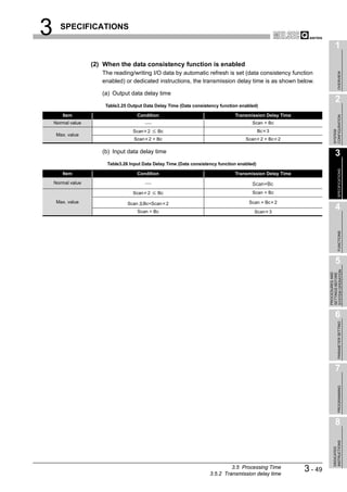 3     SPECIFICATIONS

                                                                                                                          1
                   (2) When the data consistency function is enabled
                      The reading/writing I/O data by automatic refresh is set (data consistency function




                                                                                                                               OVERVIEW
                      enabled) or dedicated instructions, the transmission delay time is as shown below.

                      (a) Output data delay time
                                                                                                                          2
                       Table3.25 Output Data Delay Time (Data consistency function enabled)

       Item                          Condition                                   Transmission Delay Time




                                                                                                                        CONFIGURATION
    Normal value                                                                         Scan + Bc




                                                                                                                        SYSTEM
                                   Scan 2     Bc                                              Bc 3
     Max. value
                                    Scan 2 > Bc                                       Scan 2 + Bc 2

                      (b) Input data delay time                                                                           3
                        Table3.26 Input Data Delay Time (Data consistency function enabled)




                                                                                                                               SPECIFICATIONS
       Item                          Condition                                   Transmission Delay Time

    Normal value                                                                         Scan+Bc
                                   Scan 2     Bc                                         Scan + Bc

     Max. value                  Scan < Bc<Scan 2                                      Scan + Bc 2
                                     Scan > Bc                                            Scan 3
                                                                                                                          4




                                                                                                                               FUNCTIONS
                                                                                                                          5




                                                                                                                    SYSTEM OPERATION
                                                                                                                    PROCEDURES AND
                                                                                                                    SETTINGS BEFORE
                                                                                                                          6

                                                                                                                               PARAMETER SETTING




                                                                                                                          7
                                                                                                                               PROGRAMMING




                                                                                                                          8
                                                                                                                        INSTRUCTIONS
                                                                                                                        DEDICATED




                                                                               3.5 Processing Time
                                                                      3.5.2 Transmission delay time
                                                                                                           3 - 49
 