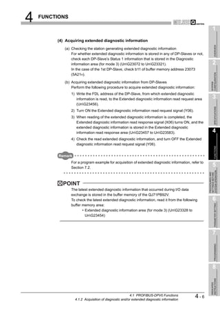 4   FUNCTIONS

                                                                                                           1
         (4) Acquiring extended diagnostic information




                                                                                                                OVERVIEW
            (a) Checking the station generating extended diagnostic information
                For whether extended diagnostic information is stored in any of DP-Slaves or not,
                check each DP-Slave’s Status 1 information that is stored in the Diagnostic
                information area (for mode 3) (UnG23072 to UnG23321).                                    2
                In the case of the 1st DP-Slave, check b11 of buffer memory address 23073




                                                                                                         CONFIGURATION
                (5A21H).

            (b) Acquiring extended diagnostic information from DP-Slaves




                                                                                                         SYSTEM
                Perform the following procedure to acquire extended diagnostic information:
                1) Write the FDL address of the DP-Slave, from which extended diagnostic
                   information is read, to the Extended diagnostic information read request area           3
                   (UnG23456).




                                                                                                                SPECIFICATIONS
                2) Turn ON the Extended diagnostic information read request signal (Y06).
                3) When reading of the extended diagnostic information is completed, the
                   Extended diagnostic information read response signal (X06) turns ON, and the
                   extended diagnostic information is stored in the Extended diagnostic
                   information read response area (UnG23457 to UnG23583).                                4
                4) Check the read extended diagnostic information, and turn OFF the Extended
                   diagnostic information read request signal (Y06).




                                                                                                                FUNCTIONS
          Remark
                For a program example for acquisition of extended diagnostic information, refer to
                Section 7.2.
                                                                                                           5




                                                                                                     SYSTEM OPERATION
                                                                                                     PROCEDURES AND
                                                                                                     SETTINGS BEFORE
           POINT
                The latest extended diagnostic information that occurred during I/O data
                exchange is stored in the buffer memory of the QJ71PB92V.
                To check the latest extended diagnostic information, read it from the following            6

                                                                                                                PARAMETER SETTING
                buffer memory area:
                       • Extended diagnostic information area (for mode 3) (UnG23328 to
                         UnG23454)



                                                                                                           7
                                                                                                                PROGRAMMING




                                                                                                           8
                                                                                                         INSTRUCTIONS
                                                                                                         DEDICATED




                                                        4.1 PROFIBUS-DPV0 Functions
                   4.1.2 Acquisition of diagnostic and/or extended diagnostic information
                                                                                              4-6
 