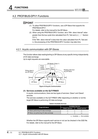 4       FUNCTIONS


         4.2 PROFIBUS-DPV1 Functions

                       POINT
                             (1) To utilize PROFIBUS-DPV1 functions, use a DP-Slave that supports the
                                 PROFIBUS-DPV1.
                                 For details, refer to the manual for the DP-Slave.
                             (2) When using the PROFIBUS DPV1 function, set a "Min. slave interval" value
                                  greater than the bus cycle time calculated from Pt, Tsdi and Lr.(         Section
                                  3.5.1)
                                  If the "Min. slave interval" is less than the value calculated from Pt, Tsdi and
                                  Lr, the processing of the PROFIBUS-DPV1 function may take time.



           4.2.1 Acyclic communication with DP-Slaves

                   This function allows data reading/writing to DP-Slaves at any specific timing independently
                   of I/O data exchange.
                   Up to eight requests are executable.

                                                          DP-Master (Class 1)
                                              Power
                                              supply         QJ71
                                              module    QCPU PB92V
                                                                                    Reading data from
                      Writing data to
                                                                                    any DP-Slave
                      any DP-Slave


                                                        I/O data exchange



                                 DP-Slave              DP-Slave             DP-Slave


                                             Figure 4.9 Acyclic Communication


                   (1) Services available on the QJ71PB92V
                        In acyclic communications, there are two types of services: Class1 and Class2
                        services.
                        The services available on the QJ71PB92V differ depending on whether or not the
                        target DP-Slave is performing I/O data exchange.

                                                              Table4.3 Available Services

                                                                                            Available Service
                                            Target DP-Slave
                                                                                   Class1 service         Class2 service
                          DP-Slave performing I/O data exchange
                          DP-Slave not performing I/O data exchange

                                                                                                 : Available,   : Not available


                        Whether the DP-Slave supports each service or not can be checked in the GSD file.
                        For details, refer to the manual for the DP-Slave.




4 - 11       4.2 PROFIBUS-DPV1 Functions
             4.2.1 Acyclic communication with DP-Slaves
 