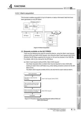 4   FUNCTIONS

                                                                                                                   1
     4.2.2 Alarm acquisition




                                                                                                                        OVERVIEW
            This function enables acquisition of up to 8 alarms or status information data that have
            been generated on any DP-Slave.
                               DP-Master (Class 1)
                                                                                                                   2
                 Power           QJ71
                 supply     QCPU PB92V




                                                                                                                 CONFIGURATION
                 module




                                                                                                                 SYSTEM
                                                                                  Alarm
                                                                                generation

                DP-Slave                 DP-Slave                      DP-Slave
                                                                                                                   3
                                                                      Alarm 1




                                                                                                                        SPECIFICATIONS
                                                                      Alarm 2



                                                                      Alarm 8

                                     Figure 4.10 Alarm Acquisition
                                                                                                                   4
            (1) Requests available on the QJ71PB92V
                There are the following two ways for acquiring alarms: using the Alarm read request




                                                                                                                        FUNCTIONS
                (without ACK) and Alarm ACK request, and using the Alarm read request (with ACK).
                Whether the DP-Slave supports this function or not can be checked in the GSD file.
                For details, refer to the manual for the DP-Slave.

                (a) Alarm read request (without ACK), Alarm ACK request
                                                                                                                   5




                                                                                                             SYSTEM OPERATION
                    Use these requests when a certain time may be required to return ACK after




                                                                                                             PROCEDURES AND
                                                                                                             SETTINGS BEFORE
                    reading an alarm from a DP-Slave (e.g. when taking corrective actions for the DP-
                    Slave error).
                    The Alarm ACK request enables ACK to be returned for each read-out alarm.

                           Alarm generation                                                                        6

                                                                                                                        PARAMETER SETTING
                 The alarm is read from the
                 DP-Slave.                           ... Alarm read request (without ACK)



                 Take corrective actions for the
                 error that occurred on the DP-
                 Slave.                                                                                            7
                 ACK is returned to the alarm for
                                                                                                                        PROGRAMMING




                 which processing is complete.       ... Alarm ACK request



                             Completed

                  Figure 4.11 Procedure Using Alarm Read Request (without ACK) and                                 8
                                         Alarm ACK Request
                                                                                                                 INSTRUCTIONS
                                                                                                                 DEDICATED




                                                                   4.2 PROFIBUS-DPV1 Functions
                                                                          4.2.2 Alarm acquisition
                                                                                                    4 - 14
 