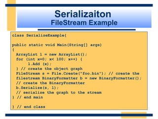 Serializaiton
FileStream Example
class SerializeExample{
public static void Main(String[] args)
{
ArrayList l = new ArrayList();
for (int x=0; x< 100; x++) {
l.Add (x);
} // create the object graph
FileStream s = File.Create("foo.bin"); // create the
filestream BinaryFormatter b = new BinaryFormatter();
// create the BinaryFormatter
b.Serialize(s, l);
// serialize the graph to the stream
} // end main
} // end class
 