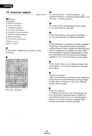 1 1. accord de 1'adjectif Ê 9
............ .pages 51, 52,53 E a- - une rue calme b- - une femme gentille 0- - une
étudiante sérieuse d. - une femme exceptionnelle e. - une
G ah E fille vive f. - une femme bretonne
Traniscription: Î
a. Ce btim eist intéressant. § Q
b, C'e¿i un vieil armte, b. nouveau roman c. grosse araignée d. belle chemise
c. Cet enùant eat mignon. 2 e. nouvelle secrétaire f. vieille carte
d. ]'ai mia ma robe blanche. 2
e. ]'ai acheté un nouvel ordinateur.
f. Ta ptite est vraiment mignonne.
g. Hiroko eistjaponaiise.
h. Votre maiaon eat charmante.
masculin : a, b, c, e
féminin 1 di fi 9. |'1 Ê b. Mes collègues sont travailleuses, optimistes, organisées
fet
sportives. Elles sont drôles, cultivées mais elles ne sont pas
des écoliers sérieux c. des langues internationales
des revues régionales e. des danseuses célèbres
patientes. c. Mes meilleures amies sont grandes et
b. charmante c. intéressante d. américain e. meilleur Î Î°Ul°Uf5 C°Ufa9eU$e5~ d- Je déteste mes V°Î5l"e5- Elles
f_ passante 2 sont compliquées, menteuses et désagréables. e. J'aime
f bien ces étudiantes. Elles sont sérieuses, dynamiques et
lili0
U Iàiållãlllllll
Iilllillll
ïo
réables en cours. Par contre, elles sont un peu timides.
U _
5 * b. Non ils sont nerveux. c. Non elles sont drôles. d. Non
.||lÊ1 =~ ' - ' '
_ ~ ils sont gentils. e. Non, elles sont bruyantes. f. Non, elles
E mï O _ sont cubaines.
(ã
i/lo
isimiiiiïimeiiia §?,,,,,,S,,,,,,,,,,e,,,,,,,,e,
- Elles ont les yeux bleus et les cheveux longs. Audrey a les
EEEHEÈEEI ïïïïïïïfïïïïãïïïf
QEQEEEMWM 2 .' p ' '
_-__-_-_---` ; .Eli b Il .
U O IIEIIÊ sportives es sont e es
EEEEEEEÊO §®
t à Créer 1 allemande Proposition de réponse:
Je m'appelle Linda. Je suis un peu timide, sérieuse mais
je suis dynamique et très sportive aussi. Je cherche un
2 homme drôle et sportif comme moi. Il doit être patient
et sérieux, surtout avec les enfants. En général, j'aime
Ê les personnes cultivées, sincères et optimistes.
228
coRRiGÉs
 
