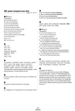 28. passé composé avec être
............................................................................pages 119, 120, 121 É b. On ne s'est pas vus depuis longtemps.
0nPISTE 83
Tranecription:
a. Tu ae achete' du pain ?
b.]e me euie couché tard.
c. Ile ont eu dee problèmee.
d. Ile eont arrivée ce matin.
e. Slle eet retournée au Maroc.
f. Voue avez reçu un nouveau meeeage.
g. On e'eet perdue dane Bruxellee.
h. On n'a pae pu venir piue tôt.
i. Noue eommee montée a la tour Siÿÿel.
j. Il eet reeté chez lui.
avoir : c, f, h
être : b, d, e, g, i,j
9
aller: allé
sortir : sorti
venir: venu
descendre : descendu
apparaître : apparu
naître : né
mourir : mort
9
5 C. Nous ne sommes pas partis à Bordeaux.
Î d. Vous ne vous êtes pas perdus.
E e. Nous ne nous sommes pas amusées à sa soirée.
apparu - appris - connu - découvert - descendu - olïert-
parti - perdu - rentré - sorti - vendu
9GPISTE 84
È Tranecription:
§ 8x. :Ile ee eont réveillée à roh ?
¿ -Non. ile ee eont réveillée à 6 h.
Ê a. - Lee cliente vont partir ?
- Non, lee cliente eont partie à 14 h.
È b. -Tu vae téléphoner à Amélie ?
- Non, j'ai téléphoné a Amélie hier eoir.
c. - Le bébé de julie va naître bientôt ?
1 - Non. le bébé de julie eet né mardi matin.
d. -Ile vont ee rencontrer cet aprèe-midi ?
ï ~ Non, ile ee eont rencontrée ce matin.
f e. -Myriam va retourner a Lyon le week-end prochain ?
Î * Non. Myriam eet retournée à Lyon le week-end dernier.
f f. -M. et M'"” Paoli vont venir te voir ?
3 ~ Non, M. et M"'” Paoli eont venue a 9 h.
Il a adoré - il est allé - ll a commencé - ll est parti- Tout
a. avec avoir: comprendre - savoir - commencer - vouloir - Sfest passé Adrien est tombé H est arrivé i| Nest pas
sortir* - aimer - dire - essayer - pouvoir - retourner*
b. avec être : rester -tomber - sortir* - aller - arriver -
s'habiller - repartir - retourner* - se réveiller - revenir
Ê mort -il s'est blessé - Il n'a pas pu -il est rentré
* les verbes sortir et retourner acceptent les deux auxiliaires : Je suis ï
sortie tous les soirs. /J'ai sorti les clés de mon sac.
Z Proposition de réponse:
Cher Thomas, samedi dernier, je suis allé en Belgique.
J'ai adoré Bruxelles. .J'ai dormi à l'hôtel Métropole et je
È me suis levé à 9 h le matin. J'ai vu le Manneken Pis, j'ai lu
b. Vous vous êtes C. Arthur est d. Je suis e. Le médecin est § des BD au musée de |a BD et]-:ai Visité |«AtomÎUm_ Je ne
f. Ils sont
b. mariés C. posé d. retournée e. fini f. parties
Ø
me suis pas perdu dans un vieux quartier. J'ai mangé des
É frites etj'ai bu de la bière, etj'ai aussi parlé français avec
l'accent belge. Malheureusement, je suis rentré à la maison
É dimanche.
h. Le téléphone a c. Vous êtes d. J'ai e. Vous êtes f. Ils sont Ê
245
coRR|GÉs
 