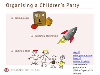 Organising a Children’s Party
w w w . c o m p l e x a b i l i t y . c o m . a u
¨  Baking a cake
¨  Building a rocket ship
¨  Raising a child
h9p://
www.youtube.com
/watch?
v=Miwb92eZaJg	
  	
  
Link	
  to	
  Dave’s	
  
youtube	
  re	
  a	
  
children’s	
  party	
  3-­‐5	
  
minutes	
  
 