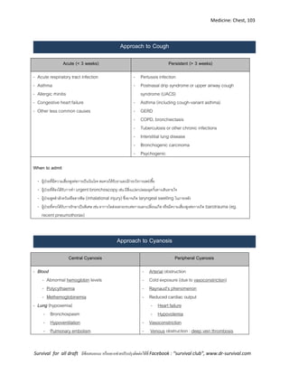 Medicine: Chest, 103
Survival for all draft มีข้อเสนอแนะ หรืออยากช่วยปรับปรุงติดต่อได้ที่ Facebook : “survival club”, www.dr-survival.com
Approach to Cough
Acute (< 3 weeks) Persistent (> 3 weeks)
- Acute respiratory tract infection
- Asthma
- Allergic rhinitis
- Congestive heart failure
- Other less common causes
- Pertussis infection
- Postnasal drip syndrome or upper airway cough
syndrome (UACS)
- Asthma (including cough-variant asthma)
- GERD
- COPD, bronchiectasis
- Tuberculosis or other chronic infections
- Interstitial lung disease
- Bronchogenic carcinoma
- Psychogenic
When to admit
- ผู้ป่วยที่มีความเสี่ยงสูงต่อการเป็นวัณโรค สมควรได้รับยาและเฝ้ าระวังการแพร่เชื้อ
- ผู้ป่วยที่ต้องได้รับการทา urgent bronchoscopyเช่น มีสิ่งแปลกปลอมอุดกั้นทางเดินหายใจ
- ผู้ป่วยสูดสาลักควันหรือสารพิษ (inhalational injury)ซึ่งอาจเกิด laryngeal swelling ในภายหลัง
- ผู้ป่วยที่ควรได้รับการรักษาเป็นพิเศษ เช่น อาการไอส่งผลกระทบต่อการแลกเปลี่ยนแก๊ส หรือมีความเสี่ยงสูงต่อการเกิด barotrauma (eg.
recent pneumothorax)
Approach to Cyanosis
Central Cyanosis Peripheral Cyanosis
- Blood
- Abnormal hemoglobin levels
- Polycythaemia
- Methemoglobinemia
- Lung (hypoxemia)
- Bronchospasm
- Hypoventilation
- Pulmonary embolism
- Arterial obstruction
- Cold exposure (due to vasoconstriction)
- Raynaud's phenomenon
- Reduced cardiac output
- Heart failure
- Hypovolemia
- Vasoconstriction
- Venous obstruction : deep vein thrombosis
 