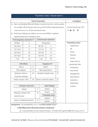 Medicine: Endocrinology, 238
Survival for all draft มีข้อเสนอแนะ หรืออยากช่วยปรับปรุงติดต่อได้ที่ Facebook : “survival club”, www.dr-survival.com
Thyrotoxic crisis ( thyroid storm )
Clinical Presentation Investigation
 Burch และ Wartofsky ได้ตั้งเกณฑ์การวินิจฉัยภาวะ thyroid crisis ดังตาราง โดยถ้าคะแนนตั้งแต่
45 คะแนนขึ้นไป บ่งชี้ว่าเป็น thyroid crisis ถ้าคะแนน 25-44 บ่งชี้ว่าเป็น impending thyroid
crisis และถ้าคะแนน ต่ากว่า 25 ไม่น่าจะเป็น thyroid crisis
 ต้องระลึกเสมอว่าในผู้ป่วยสูงอายุอาจมีเพียงอาการทางระบบประสาทก็ได้เรียกว่า apathetic
hyperthyroidism ซึ่งอาการไม่relateกับ storm
Thermoregulatory dysfunction(o
F) Cardiovascular dysfunction
99-99.9 5 Tachycardia
100-100.9 10 99-109 5
101-101.9 15 110-119 10
102-102.9 20 120-129 15
103-103.9 25 130-139 20
>104 30 >140 25
CNS Effects Congestive HF
Absent 0 Absent 0
Mild: agitation 10 Mild: pedal edema 5
Moderate: delirium,
Psychosis,Lethargy
20 Moderate: bibasilar rales 10
Severe: seizure, coma 30 Severe: pulmonary edema 15
GI-Hepatic dysfunction
Absent 0
Moderate: diarrhea, N/V,
abdominal pain
10
Severe: unexplained jaundice 20
Atrial fibrillation
Absent 0
Present 10
Precipitated history
negative 0
Positive 10
Thyroid function test: TSH
T3 T4
Precipitating factors:
- Hypothermia
- MI
- Stroke
- Infection
- trauma
- drugs that can
compromise CNS
- GI bleeding
- heart failure
- hypoglycemia
- hyponatremia
- hypoxemia
- hypercarbia
- acidosis
Management ประกอบด้วยหลักสาคัญ 4 ประการ * ควร admit และtreat ใน ICU *
- การใช้ยาเพื่อลดการสร้าง+หลั่ง thyroid hormone จากต่อมthyroid :
@ ยากลุ่ม thionamide (ลดการสร้าง thyroid hormone) : PTU 800-1200 mg/D หรือ MMI 20-25 mg q 6 hr ใน
 