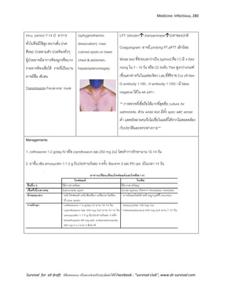 Medicine: Infectious, 280
Survival for all draft มีข้อเสนอแนะ หรืออยากช่วยปรับปรุงติดต่อได้ที่ Facebook : “survival club”, www.dr-survival.com
Incu. period 7-14 D อาการ
ทั่วไปคือมีไข้สูง หนาวสั่น ปวด
ศีรษะ ปวดตามตัว ปวดท้องทั่วๆ
ผู้ป่วยอาจมีอาการท้องผูกหรือบาง
รายอาจท้องเสียได้ รายที่เป็นนาน
อาจมีซึม สับสน
Transmission Fecal-oral route
(sphygmothermic
dissociation), rose-
colored spots on lower
chest & abdomen,
hepatosplenomegaly
LFT: bilirubin,transaminase2เท่าของปกติ
Coagulogram: อาจมี prolong PT,aPTT เล็กน้อย
Widal test ที่ช่วยบอกว่าเป็น typhoid คือ (1) มี 4-fold
rising ใน 7 - 10 วัน หรือ (2) ระดับ Titer สูงกว่าเกณฑ์
(ซึ่งแตกต่างกันในแต่ละห้อง Lab,ที่ศิริราช Cut off titer:
O antibody 1:160 , H antibody 1:100) <มี false
negative ได้ใน wk แรก>
** การตรวจที่เชื่อถือได้มากที่สุดคือ culture for
salmonella, ส่วน widal test มีทั้ง spec และ sense
ต่า แพทย์หลายคนจึงไม่เชื่อในผลที่ได้หากไม่สอดคล้อง
กับประวัติและตรวจร่างกาย**
Managements:
1. ceftriaxone 1-2 g/day IV หรือ ciprofloxacin tab 250 mg 2x2 โดยทาการรักษานาน 10-14 วัน
2. ยาอื่น เช่น amoxycillin 1-1.5 g รับประทานวันละ 4 ครั้ง, Bactrim 2 tab PO qid เป็นเวลา 14 วัน
 