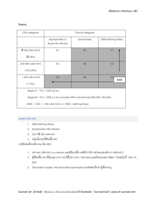 Medicine: Infectious, 287
Survival for all draft มีข้อเสนอแนะ หรืออยากช่วยปรับปรุงติดต่อได้ที่ Facebook : “survival club”, www.dr-survival.com
Staging
CD4 categories Clinical categories
Asymptomatic or
Acute HIV infection
Symptomatic AIDS-defining illness
≥ 500 cells /mm3
(≥ 29%)
A1 B1 C1
200-499/ cells mm3
(14%-29%)
A2 B2 C2
< 200 cells /mm3
(<14%)
A3 B3 C3
Stage A1 = F/U + CD4 q 6 mo
Stage A2 = F/U + CD4 q 3 mo (consider ARV in A2 who has CD4 200- 350 (AII))
AIDS = CD4 < 200 cells /mm3 or AIDS – defining illness
เกณฑ์การเริ่ม ARV
1. AIDS defining illness
2. Symptomatic HIV infection
3. CD 4 ≤ 350 cell/mm3
4. หญิงตั้งครรภ์ที่ติดเชื้อ HIV
กรณีพิเศษที่ควรพิจารณาเริ่ม ARV
1. HIV with HBV/HCV co-infection และมีข้อบ่งชี้ทางคลินิกว่ามีการอักเสบของตับจาก HBV/HCV
2. ผู้ที่ติดเชื้อ HIV ที่มีอายุมากกว่า 50 ปีขึ้นไป (CD4 >350-500) และมีโรคร่วมอย่างน้อย 1 โรคต่อไปนี้: DM, HT,
DLP
3. Discordant couples, HIV-associated nephropathy ควรส่งต่อปรึกษาผู้เชี่ยวชาญ
AIDS
 