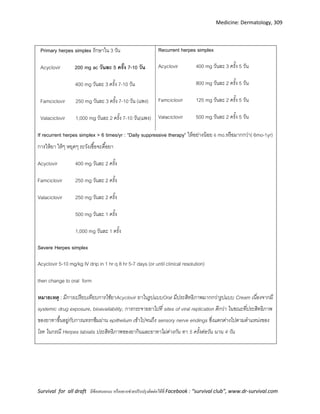 Medicine: Dermatology, 309
Survival for all draft มีข้อเสนอแนะ หรืออยากช่วยปรับปรุงติดต่อได้ที่ Facebook : “survival club”, www.dr-survival.com
Primary herpes simplex รักษาใน 3 วัน
Acyclovir 200 mg ac วันละ 5 ครั้ง 7-10 วัน
400 mg วันละ 3 ครั้ง 7-10 วัน
Famciclovir 250 mg วันละ 3 ครั้ง 7-10 วัน (แพง)
Valaciclovir 1,000 mg วันละ 2 ครั้ง 7-10 วัน(แพง)
Recurrent herpes simplex
Acyclovir 400 mg วันละ 3 ครั้ง 5 วัน
800 mg วันละ 2 ครั้ง 5 วัน
Famciclovir 125 mg วันละ 2 ครั้ง 5 วัน
Valaciclovir 500 mg วันละ 2 ครั้ง 5 วัน
If recurrent herpes simplex > 6 times/yr : “Daily suppressive therapy” ให้อย่างน้อย 6 mo.หรือมากกว่า( 6mo-1yr)
การให้ยา ให้ๆ หยุดๆ ระวังเชื้อจะดื้อยา
Acyclovir 400 mg วันละ 2 ครั้ง
Famciclovir 250 mg วันละ 2 ครั้ง
Valaciclovir 250 mg วันละ 2 ครั้ง
500 mg วันละ 1 ครั้ง
1,000 mg วันละ 1 ครั้ง
Severe Herpes simplex
Acyclovir 5-10 mg/kg IV drip in 1 hr q 8 hr 5-7 days (or until clinical resolution)
then change to oral form
หมำยเหตุ : มีการเปรียบเทียบการใช้ยาAcyclovir ยาในรูปแบบOral มีประสิทธิภาพมากกว่ารูปแบบ Cream เนื่องจากมี
systemic drug exposure, bioavailability, การกระจายยาไปที่ sites of viral replication ดีกว่า ในขณะที่ประสิทธิภาพ
ของยาทาขึ้นอยู่กับการแทรกซึมผ่าน epithelium เข้าไปจนถึง sensory nerve endings ซึ่งแตกต่างไปตามตาแหน่งของ
โรค ในกรณี Herpes labialis ประสิทธิภาพของยากินและยาทาไม่ต่างกัน ทา 5 ครั้งต่อวัน นาน 4 วัน
 