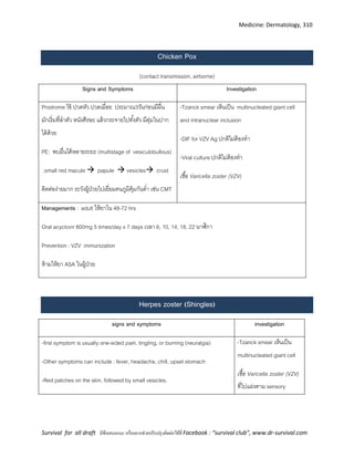 Medicine: Dermatology, 310
Survival for all draft มีข้อเสนอแนะ หรืออยากช่วยปรับปรุงติดต่อได้ที่ Facebook : “survival club”, www.dr-survival.com
Chicken Pox
(contact transmission, airborne)
Signs and Symptoms Investigation
Prodrome ไข้ ปวดหัว ปวดเมื่อย ประมาณ3วันก่อนมีผื่น
มักเริ่มที่ลาตัว หนังศีรษะ แล้วกระจายไปทั้งตัว มีตุ่มในปาก
ได้ด้วย
PE: พบผื่นได้หลายระยะ (multistage of vesiculobullous)
;small red macule  papule  vesicles crust
ติดต่อง่ายมาก ระวังผู้ป่วยไปเยี่ยมคนภูมิคุ้มกันต่า เช่น CMT
-Tzanck smear เห็นเป็น multinucleated giant cell
and intranuclear inclusion
-DIF for VZV Ag ปกติไม่ต้องทา
-Viral culture ปกติไม่ต้องทา
เชื้อ Varicella zoster (VZV)
Managements : adult ให้ยาใน 48-72 hrs
Oral acyclovir 800mg 5 times/day x 7 days เวลา 6, 10, 14, 18, 22 นาฬิกา
Prevention : VZV immunization
ห้ามให้ยา ASA ในผู้ป่วย
Herpes zoster (Shingles)
signs and symptoms investigation
-first symptom is usually one-sided pain, tingling, or burning (neuralgia)
-Other symptoms can include : fever, headache, chill, upset stomach
-Red patches on the skin, followed by small vesicles.
-Tzanck smear เห็นเป็น
multinucleated giant cell
เชื้อ Varicella zoster (VZV)
ที่ไปแฝงตาม sensory
 