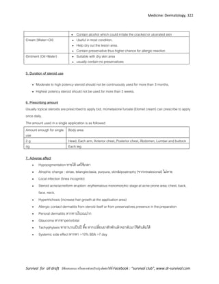 Medicine: Dermatology, 322
Survival for all draft มีข้อเสนอแนะ หรืออยากช่วยปรับปรุงติดต่อได้ที่ Facebook : “survival club”, www.dr-survival.com
 Contain alcohol which could irritate the cracked or ulcerated skin
Cream (Water>Oil)  Useful in most condition.
 Help dry out the lesion area.
 Contain preservative thus higher chance for allergic reaction
Ointment (Oil>Water)  Suitable with dry skin area
 usually contain no preservatives
5. Duration of steroid use
 Moderate to high potency steroid should not be continuously used for more than 3 months.
 Highest potency steroid should not be used for more than 3 weeks.
6. Prescribing amount
Usually topical steroids are prescribed to apply bid, mometasone furoate (Elomet cream) can prescribe to apply
once daily.
The amount used in a single application is as followed
Amount enough for single
use
Body area
2 g Head, Each arm, Anterior chest, Posterior chest, Abdomen, Lumbar and buttock
4g Each leg
7. Adverse effect
 Hypopigmentation หายได้ แต่ใช้เวลา
 Atrophic change : striae, telangiectasia, purpura, skin&lipoatrophy (จากintralesional) ไม่หาย
 Local infection (tinea incognito)
 Steroid acne/acneiform eruption: erythematous monomorphic stage at acne prone area; chest, back,
face, neck.
 Hypertrichosis (increase hair growth at the application area)
 Allergic contact dermatitis from steroid itself or from preservatives presence in the preparation
 Perioral dermatitis หากทาบริเวณปาก
 Glaucoma หากทาperiorbital
 Tachyphylaxis ทายานานเป็นปี ดื้อ หากเปลี่ยนยาสักพักแล้วจะกลับมาใช้ตัวเดิมได้
 Systemic side effect หากทา >10% BSA >7 day
 