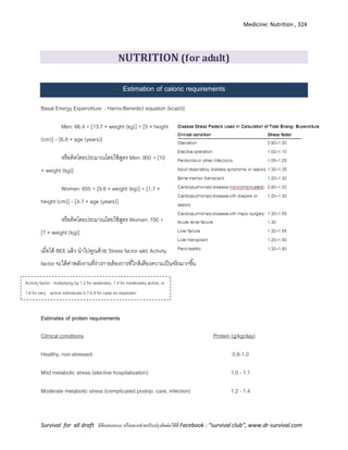 Medicine: Nutrition , 324
Survival for all draft มีข้อเสนอแนะ หรืออยากช่วยปรับปรุงติดต่อได้ที่ Facebook : “survival club”, www.dr-survival.com
NUTRITION (for adult)
Estimation of caloric requirements
Basal Energy Expenditure : Harris-Benedict equation (kcal/d)
Men: 66.4 + [13.7 × weight (kg)] + [5 × height
(cm)] – [6.8 × age (years)]
หรือคิดโดยประมาณโดยใช้สูตร Men: 900 + [10
× weight (kg)]
Women: 655 + [9.6 × weight (kg)] + [1.7 ×
height (cm)] – [4.7 × age (years)]
หรือคิดโดยประมาณโดยใช้สูตร Women: 700 +
[7 × weight (kg)]
เมื่อได้ BEE แล้ว นาไปคูณด้วย Stress factor และ Activity
factor จะได้ค่าพลังงานที่ร่างกายต้องการที่ใกล้เคียงความเป็นจริงมากขึ้น
Estimates of protein requirements
Clinical conditions Protein (g/kg/day)
Healthy, non-stressed 0.8-1.0
Mild metabolic stress (elective hospitalization) 1.0 - 1.1
Moderate metabolic stress (complicated postop. care, infection) 1.2 - 1.4
Activity factor : multiplying by 1.2 for sedentary, 1.4 for moderately active, or
1.8 for very active individuals 0.7-0.9 for case on respirator
 