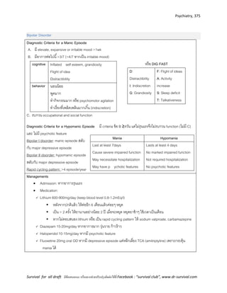 Psychiatry, 375
Survival for all draft มีข้อเสนอแนะ หรืออยากช่วยปรับปรุงติดต่อได้ที่ Facebook : “survival club”, www.dr-survival.com
Bipolar Disorder
Diagnostic Criteria for a Manic Episode
A. มี elevate, expansive or irritable mood >1wk
B. มีอาการต่อไปนี้>3/7 (>4/7 หากเป็น irritable mood)
cognitive Inflated self esteem, grandiosity
Flight of idea
Distractibility
behavior นอนน้อย
พูดมาก
ทากิจกรรมมาก หรือ psychomotor agitation
ทาเรื่องที่เพลิดเพลินมากเกิ้น (indiscretion)
หรือ DIG FAST
D:
Distractibility
I: Indiscretion
G: Grandiosity
F: Flight of ideas
A: Activity
increase
S: Sleep deficit
T: Talkativeness
C. รบกวน occupational and social function
Diagnostic Criteria for a Hypomanic Episode มี criteria ข้อ B ≥4วัน แต่ไม่รุนแรงจึงไม่รบกวน function (ไม่มี C)
และ ไม่มี psychotic feature
Bipolar I disorder: manic episode สลับ
กับ major depressive episode
Bipolar II disorder: hypomanic episode
สลับกับ major depressive episode
Rapid cycling pattern: >4 episode/year
Mania Hypomania
Last at least 7days
Cause severe impaired function
May necessitate hospitalization
May have p ychotic features
Lasts at least 4 days
No marked impaired function
Not required hospitalization
No psychotic features
Managements
 Admission: หากอาการรุนแรง
 Medication:
 Lithium 600-900mg/day (keep blood level 0.8-1.2mEq/l)
 หลังจากปกติแล้ว ให้ต่ออีก 6 เดือนแล้วค่อยๆ หยุด
 เป็น > 2 ครั้ง ให้ยานานอย่างน้อย 2 ปี เมื่อจะหยุด หยุดยาช้าๆ ใช้เวลาเป็นเดือน
 หากไม่ตอบสนอง lithium หรือ เป็น rapid cycling pattern ให้ sodium valproate, carbamazepine
 Diazepam 15-20mg/day หากอาการมาก วุ่นวาย ก้าวร้าว
 Haloperidol 10-15mg/day หากมี psychotic feature
 Fluoxetine 20mg oral OD หากมี depressive episode แต่หลีกเลี่ยง TCA (amitriptyline) เพราะกระตุ้น
mania ได้
 