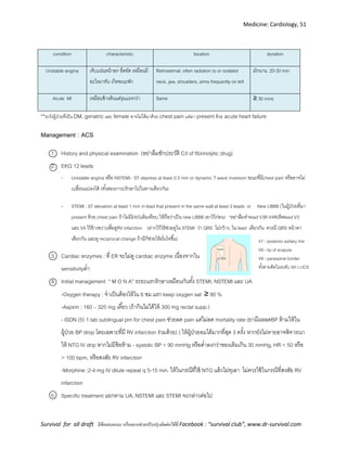 Medicine: Cardiology, 51
Survival for all draft มีข้อเสนอแนะ หรืออยากช่วยปรับปรุงติดต่อได้ที่ Facebook : “survival club”, www.dr-survival.com
condition characteristic location duration
Unstable angina เจ็บแน่นหน้าอก อึดอัด เหมือนมี
อะไรมาทับ เกิดขณะพัก
Retrosternal, often radiation to or isolated
neck, jaw, shoulders, arms frequently on left
มักนาน 20-30 min
Acute MI เหมือนข้างต้นแต่รุนแรงกว่า Same ≥ 30 mins
**ระวังผู้ป่วยที่เป็น DM, geriatricและ female อาจไม่ได้มาด้วย chest pain แต่มา present ด้วย acute heart failure
Management : ACS
1. History and physical examination (อย่าลืมซักประวัติ C/I of fibrinolytic drug)
2. EKG 12 leads
- Unstable angina หรือ NSTEMI : ST depress at least 0.5 mm or dynamic T wave inversion ขณะที่มีchest pain หรืออาจไม่
เปลี่ยนแปลงได้ (ทั้งสองภาวะรักษาไปในทางเดียวกัน)
- STEMI : ST elevation at least 1 mm in lead that present in the same wall at least 2 leads or New LBBB (ในผู้ป่วยที่มา
present ด้วย chest pain ถ้าไม่มีEKGเดิมเทียบ ให้ถือว่าเป็น new LBBB เอาไว้ก่อน) *อย่าลืมทาlead V3R V4R(ติดlead V3
และ V4 ไว้ข้างขวา)เพื่อดูRV infarction (ฝากไว้ให้ช่วยดูใน STEMI ว่า QRS ไม่กว้าง, ใน lead เดียวกัน ควรมี QRS หน้าตา
เดียวกัน และดู reciprocal change ถ้ามีก็ช่วยให้มั่นใจขึ้น)
3. Cardiac enzymes : ที่ ER จะไม่ดู cardiac enzyme เนื่องจากใน 4-6 ชม.แรก
sensitivityต่า
4. Initial management “ M O N A” ระยะแรกรักษาเหมือนกันทั้ง STEMI, NSTEMI และ UA
-Oxygen therapy : จาเป็นต้องให้ใน 6 ชม.แรก keep oxygen sat ≥ 90 %
-Aspirin : 160 – 325 mg เคี้ยว (ถ้ากินไม่ได้ให้ 300 mg rectal supp.)
- ISDN (5) 1 tab sublingual prn for chest pain ช่วยลด pain แต่ไม่ลด mortality rate (ยามีผลลดBP ห้ามให้ใน
ผู้ป่วย BP drop โดยเฉพาะที่มี RV infarction ร่วมด้วย) ) ให้ผู้ป่วยอมได้มากที่สุด 3 ครั้ง หากยังไม่หายอาจพิจารณา
ให้ NTG IV drip หากไม่มีข้อห้าม - systolic BP < 90 mmHg หรือต่าลงกว่าของเดิมเกิน 30 mmHg, HR < 50 หรือ
> 100 bpm, หรือสงสัย RV infarction
-Morphine :2-4 mg IV dilute repeat q 5-15 min. ให้ในกรณีที่ใช้ NTG แล้วไม่ทุเลา ไม่ควรใช้ในกรณีที่สงสัย RV
infarction
5. Specific treatment แยกตาม UA, NSTEMI และ STEMI จะกล่าวต่อไป
V7 - posterior axillary line
V8 - tip of scapula
V9 - paraspinal border
ทั้งสามติดในระดับ 5th Lt.ICS
 