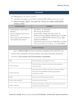 Medicine: Chest, 96
Survival for all draft มีข้อเสนอแนะ หรืออยากช่วยปรับปรุงติดต่อได้ที่ Facebook : “survival club”, www.dr-survival.com
Hemoptysis
 คือมีไอเป็นเลือดปริมาณ 100 - 600 mL ภายใน 24 ชม.
 แบ่งเป็น Massive hemoptysis และ non massive hemoptysis (มีเพียง 5% ที่เป็น massive แต่ mortality rate 80%)
 Massive hemoptysis: เลือดออก > 150 ml ต่อครั้ง หรือ > 600 ml ใน 24 hr หรือมีการหายใจล้มเหลวถือเป็น
emergency condition
Essential Inquiries Investigation
- Nasopharyngeal or gastrointestinal
bleeding ?
- History of smoking or previous lung
infection เช่น TB
- Fever, cough, and other symptoms of
lower respiratory tract infection
- CBC, BUN/Cr และ coagulogram
- CXR: CA lung, TB, pneumonia
- Sputum analysis: cytology, gram stain, culture : TB
- Flexible bronchoscopy เพื่อดูตาแหน่งเลือดที่ออกว่าออกจากข้างใดหรือมี
endobronchial lesion หรือไม่ หรือทาเพื่อการรักษาเช่นการใส่ balloon เพื่ออุด
หลอดลมบริเวณปอดที่มีเลือดออก
- High-resolution chest CT (อาจพิจารณาทาในผู้ป่วยที่ผล CXR ปกติ เพื่อดู
ว่ามี bronchiectasis หรือ parenchymal หรือ vascular lesion ที่ผิดปกติหรือไม่)
Causes of hemoptysis
สาเหตุ อาจจา “BATTLE CAMP”: Bronchitis, bronchiectasis, aspergilloma, tumor, tuberculosis, lung
abscess, emboli, coagulopathy, autoimmune disorders, AVM, alveolar hemorrhage, mitral stenosis,
pneumonia โดย 90 % ของcases จะเป็น TB, Bronchiectasis, Lung abscesses
Airways COPD, bronchiectasis, and bronchogenic carcinoma
Pulmonary vasculature
Left ventricular failure, mitral stenosis, pulmonary embolism, arteriovenous
malformations (AVM)
Pulmonary parenchyma
Necrotizing pneumonia, inhalation of crack cocaine, or autoimmune diseases
(diffuse alveolar hemorrhage เช่นใน Goodpasture disease, Wegener
granulomatosis, microPAN
Infection Acute or chronic bronchitis, pneumonia, tuberculosis
Pulmonary venous hypertension mitral stenosis, pulmonary embolism
Iatrogenic hemorrhage
Transbronchial lung biopsies, anticoagulants, or pulmonary artery rupture due to
distal placement of a balloon-tip catheter.
 