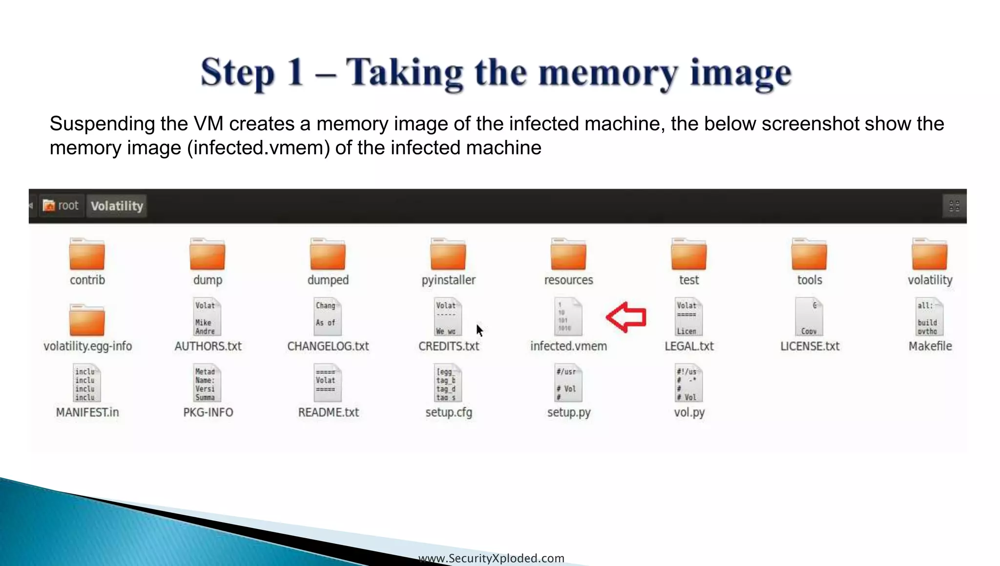 www.SecurityXploded.com
Suspending the VM creates a memory image of the infected machine, the below screenshot show the
memory image (infected.vmem) of the infected machine
 