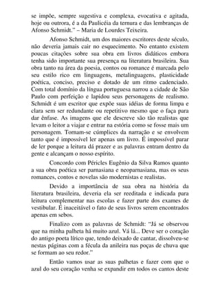 se impõe, sempre sugestiva e complexa, evocativa e agitada,
hoje ou outrora, é a da Paulicéia da ternura e das lembranças de
Afonso Schmidt.” – Maria de Lourdes Teixeira.
Afonso Schmidt, um dos maiores escritores deste século,
não deveria jamais cair no esquecimento. No entanto existem
poucas citações sobre sua obra em livros didáticos embora
tenha sido importante sua presença na literatura brasileira. Sua
obra tanto na área da poesia, contos ou romance é marcada pelo
seu estilo rico em linguagens, metalinguagens, plasticidade
poética, conciso, preciso e dotado de um ritmo cadenciado.
Com total domínio da língua portuguesa narrou a cidade de São
Paulo com perfeição e lapidou seus personagens de realismo.
Schmidt é um escritor que expõe suas idéias de forma limpa e
clara sem ser redundante ou repetitivo mesmo que o faça para
dar ênfase. As imagens que ele descreve são tão realistas que
levam o leitor a viajar e entrar na estória como se fosse mais um
personagem. Tornam-se cúmplices da narração e se envolvem
tanto que é impossível ler apenas um livro. É impossível parar
de ler porque a leitura dá prazer e as palavras entram dentro da
gente e alcançam o nosso espírito.
Concordo com Péricles Eugênio da Silva Ramos quanto
a sua obra poética ser parnasiana e neoparnasiana, mas os seus
romances, contos e novelas são modernistas e realistas.
Devido a importância de sua obra na história da
literatura brasileira, deveria ela ser reeditada e indicada para
leitura complementar nas escolas e fazer parte dos exames de
vestibular. É inaceitável o fato de seus livros serem encontrados
apenas em sebos.
Finalizo com as palavras de Schmidt: “Já se observou
que na minha palheta há muito azul. Vá lá... Deve ser o coração
do antigo poeta lírico que, tendo deixado de cantar, dissolveu-se
nestas páginas com a fécula da anileira nas poças de chuva que
se formam ao seu redor.”
Então vamos usar as suas palhetas e fazer com que o
azul do seu coração venha se expandir em todos os cantos deste
 